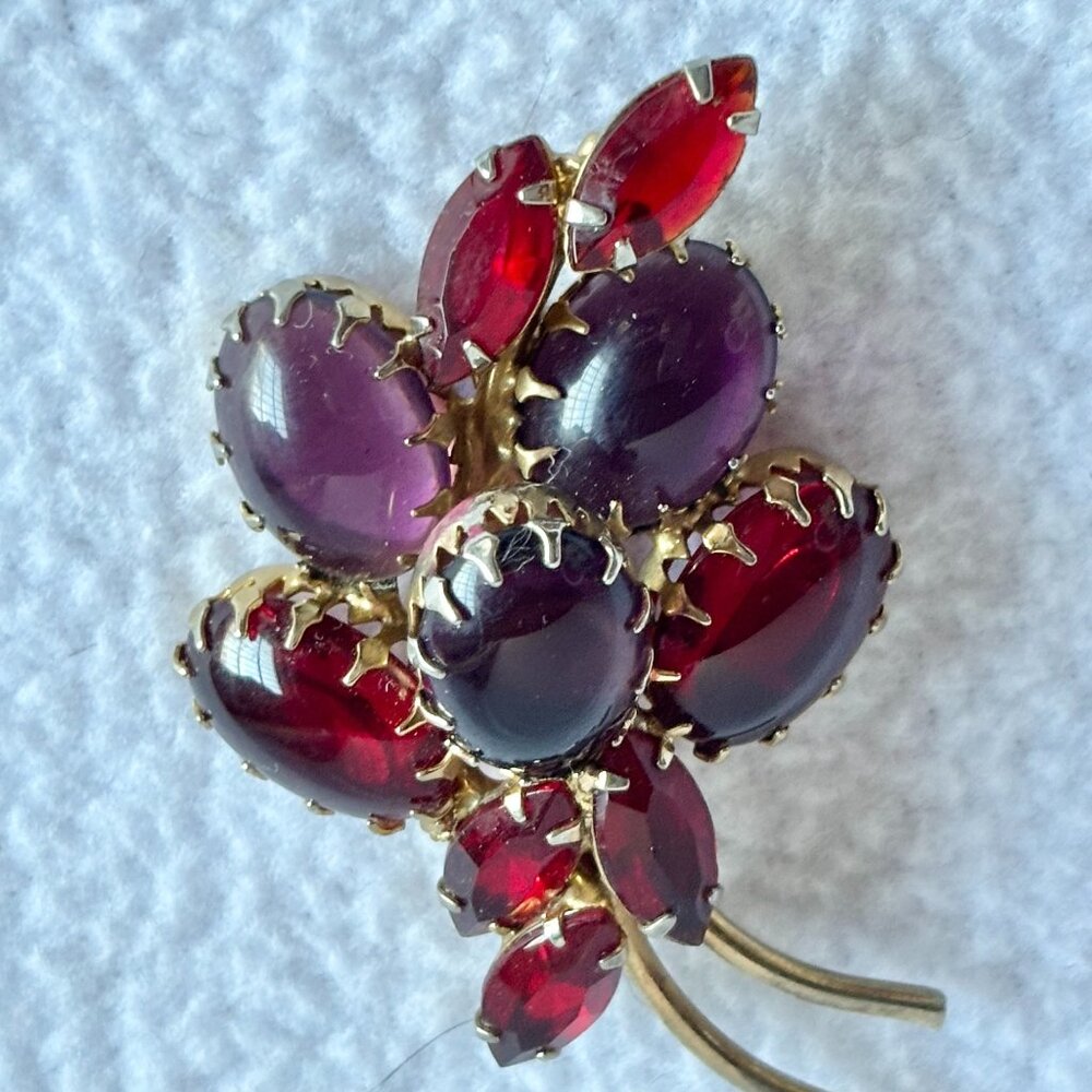 Weiss Pink Purple Red Cabuchon & Rhinestone Brooch Midcentury
